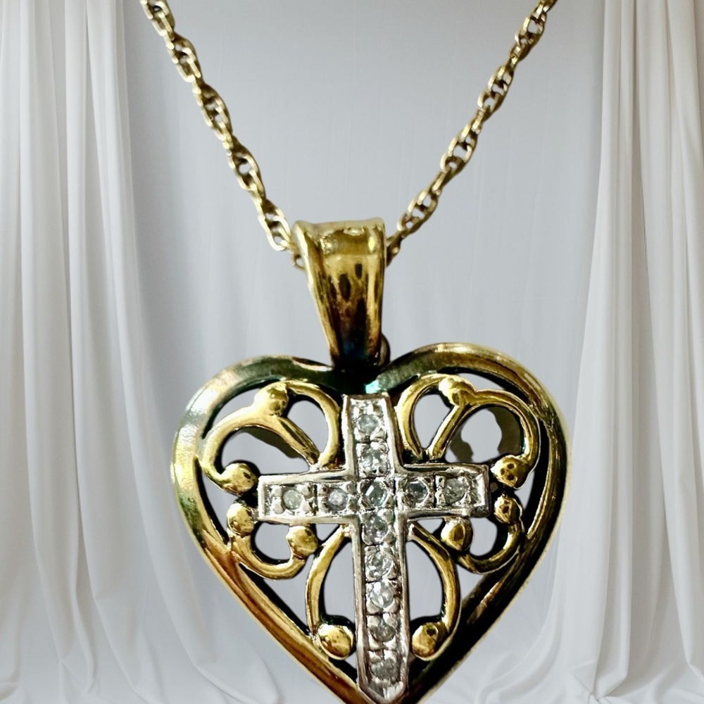 Danbury Mint Sterling Silver W/ Gold Vermeil & Diamond Cross Scripture Necklace
